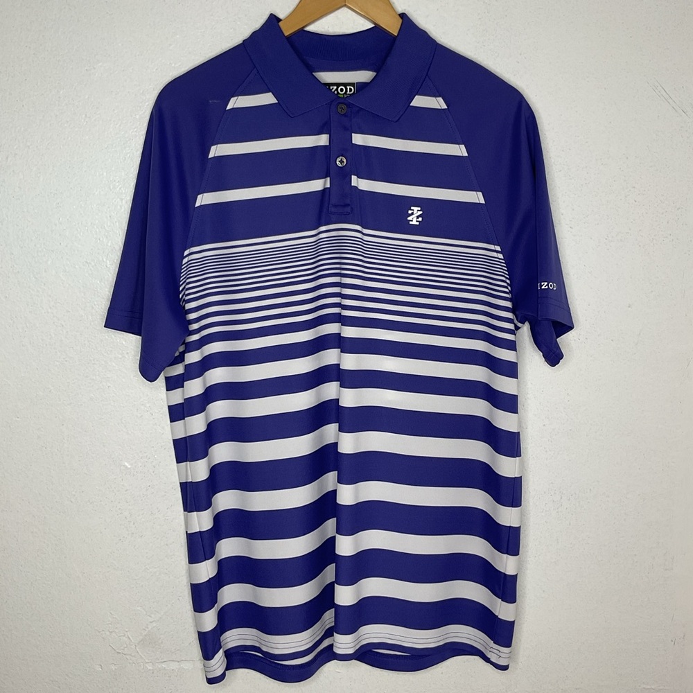 Izod Purple & White Striped Polo Shirt Men’s Size L Preppy Golf Casual Athletic